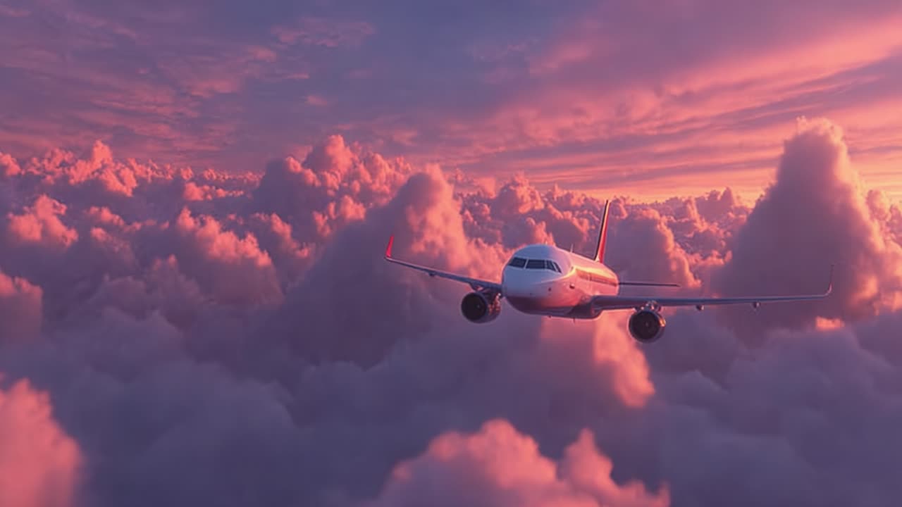 A Majestic Airplane Soars Through a Vibrant Sky at Sunset, Surrounded by Billowing Clouds, Capturing the Beauty of Flight and Nature's Splendor