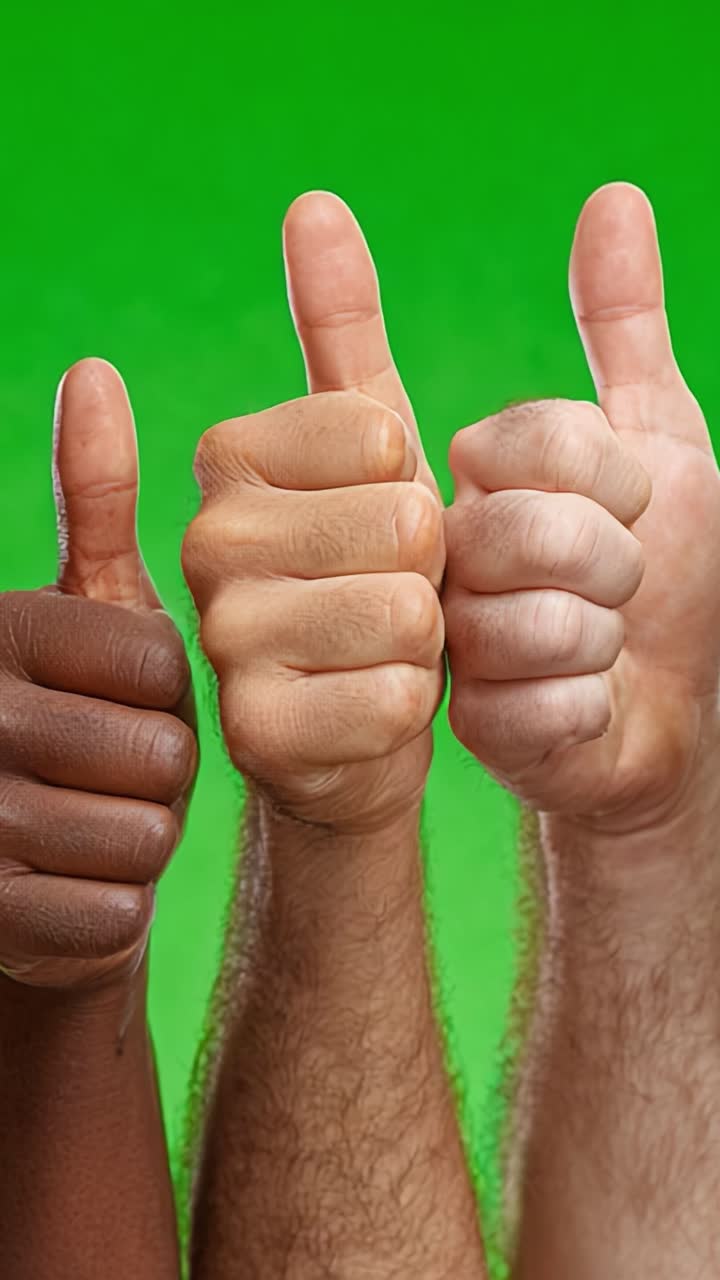 Una vivace dimostrazione di unità e positività: gesto di approvazione che mostra la diversità con mani alzate su uno sfondo verde brillante