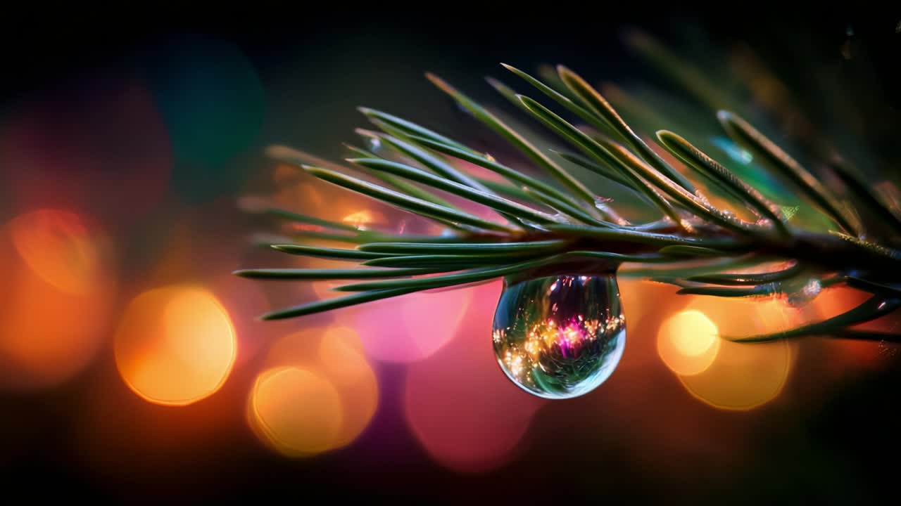 A captivating visual journey featuring a close-up of a pine branch adorned with dewdrops and vibrant bokeh lights in the background, showcasing nature's beauty and intricate details in stunning focus