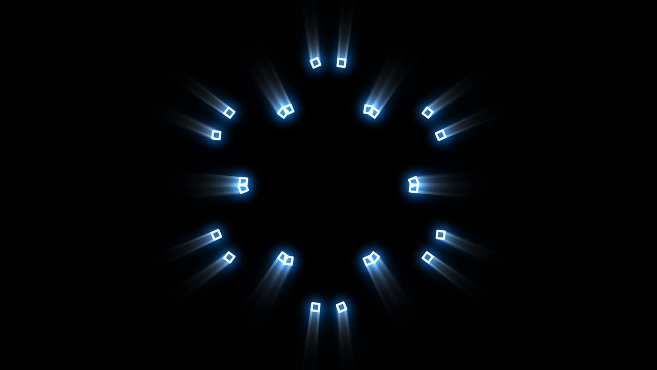 작은 사각형 모양의 파란 빛 효과를 가진 추상적인 네온 꽃. 네온 조명 추상적인 모션 애니메이션 배경.