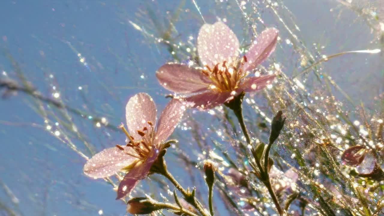 Close-up video of dewy pink flowers against a bright sky, captured from a low angle
