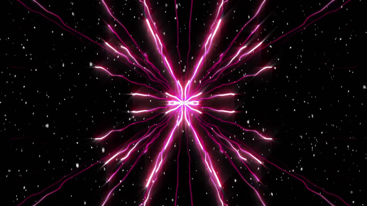Digital animation of snow falling over pink light trails against black background