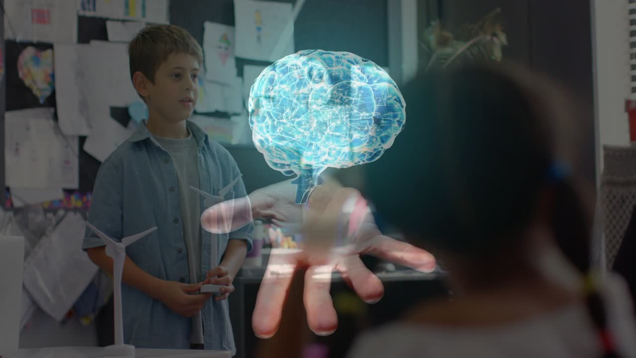 Boy explaining brain in class, 3D brain appearing rotating fading above hand as girl raising hand