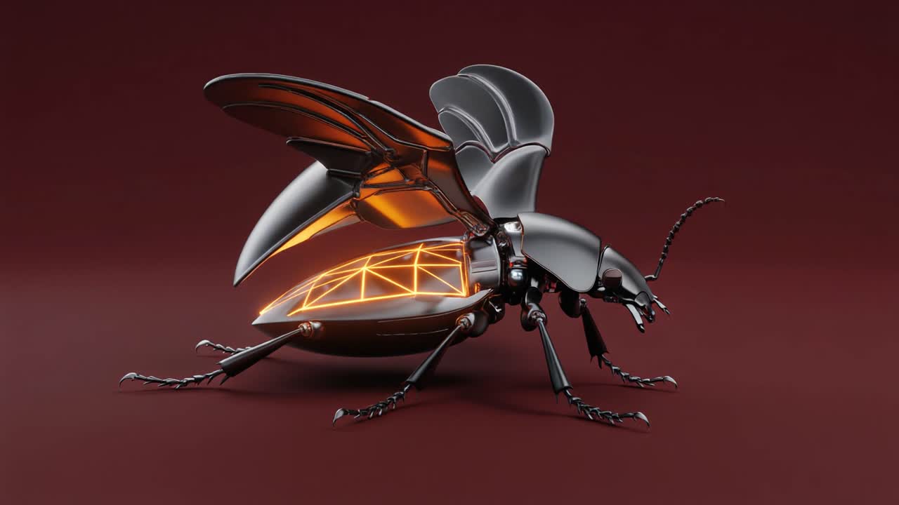 Metallisk robotbille, der åbner skal og spreder vinger