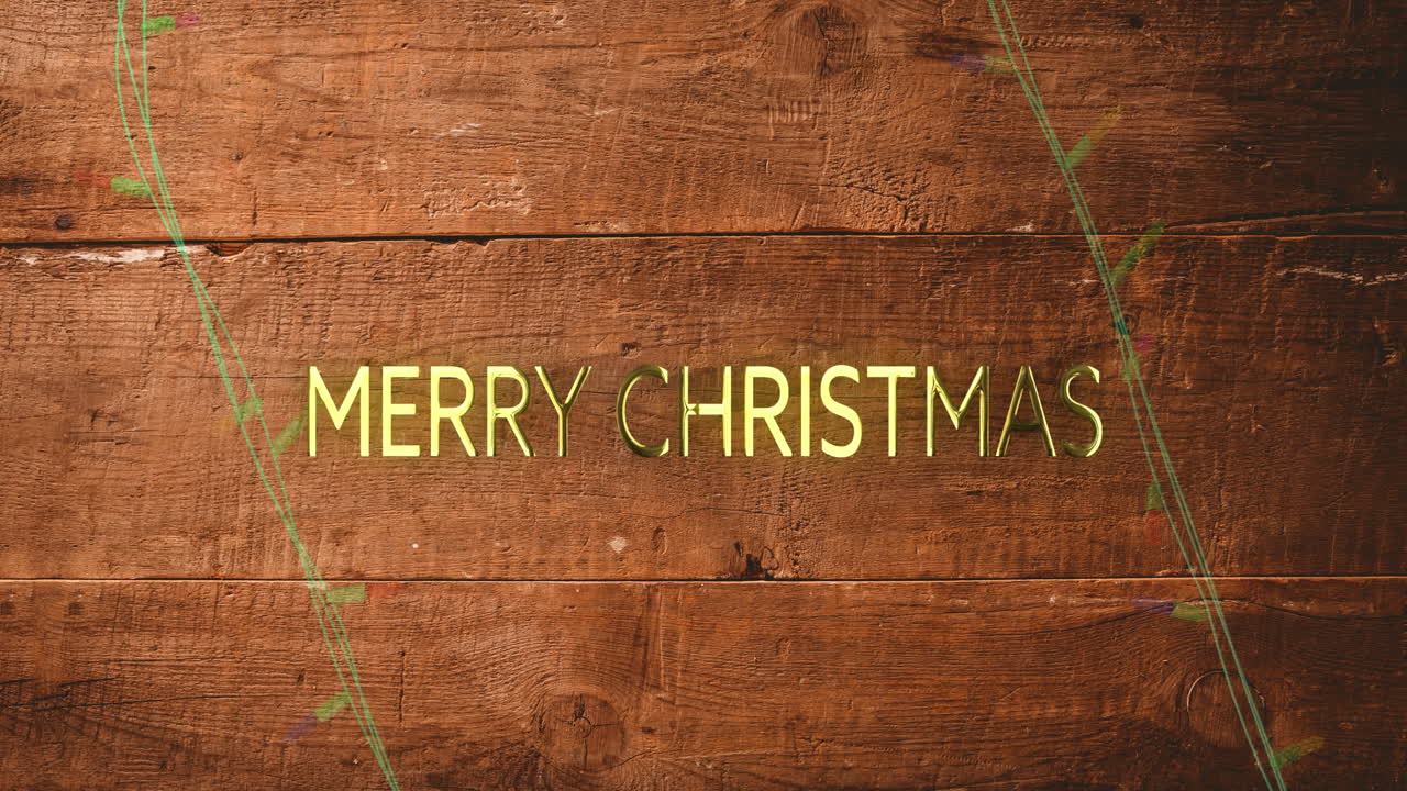 animación de texto de feliz navidad y luces de hadas en fondo de madera