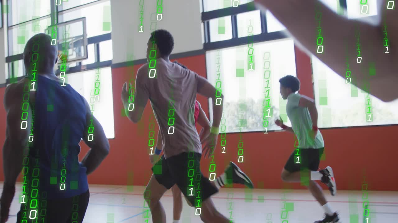 Male basketball players pushing off court edge in gym binary code cascading highlighting speed data