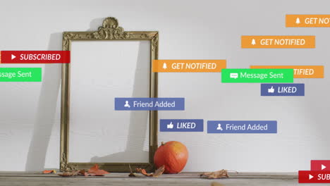 social media notifications animation over empty picture frame and autumn leaves