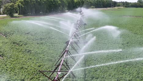 un campo agrícola en el centro de wisconsin es irrigado con un sistema de rociadores