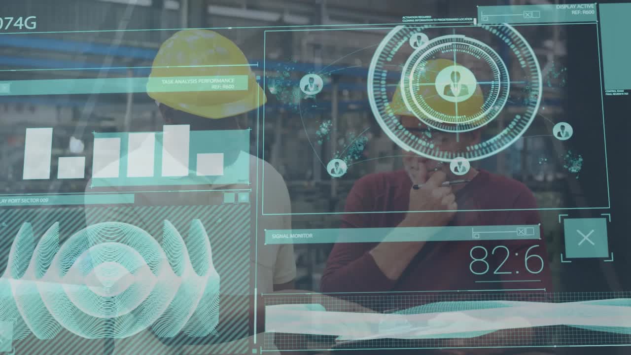 Animation of data processing over two male engineers discussing at factory against city traffic