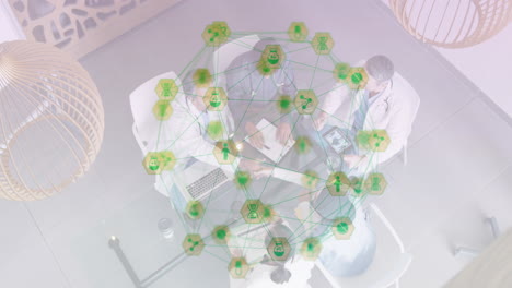 digital composite animation shows doctors in a meeting with global science network icons.