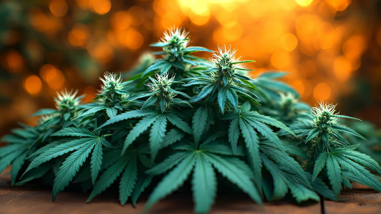 Cannabis plant in sunlight. Fresh green cannabis plant grows outdoors in warm sunlight with blurred golden background. The leaves are clearly visible