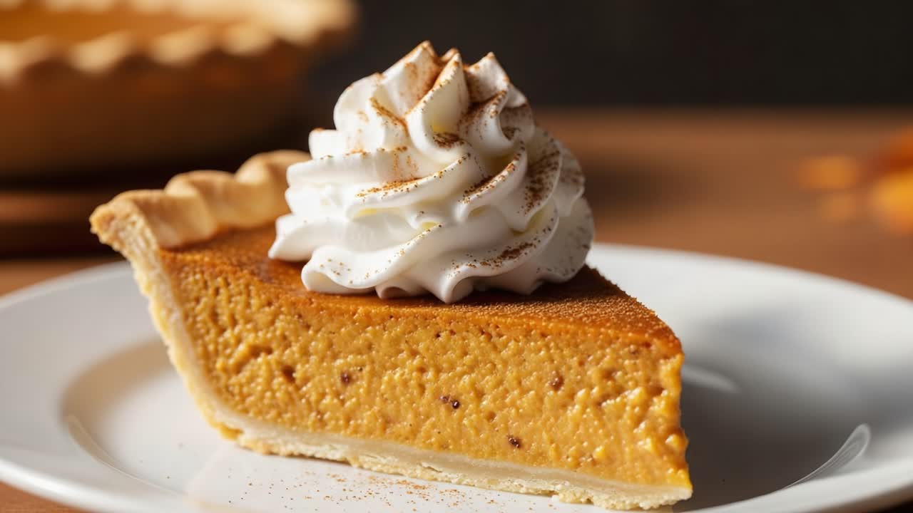 Delicious Slice of Pumpkin Pie Topped with Whipped Cream and a Sprinkle of Cinnamon, Perfectly Baked with a Golden Crust for Any Festive Occasion, Ready to Indulge in Dessert Bliss