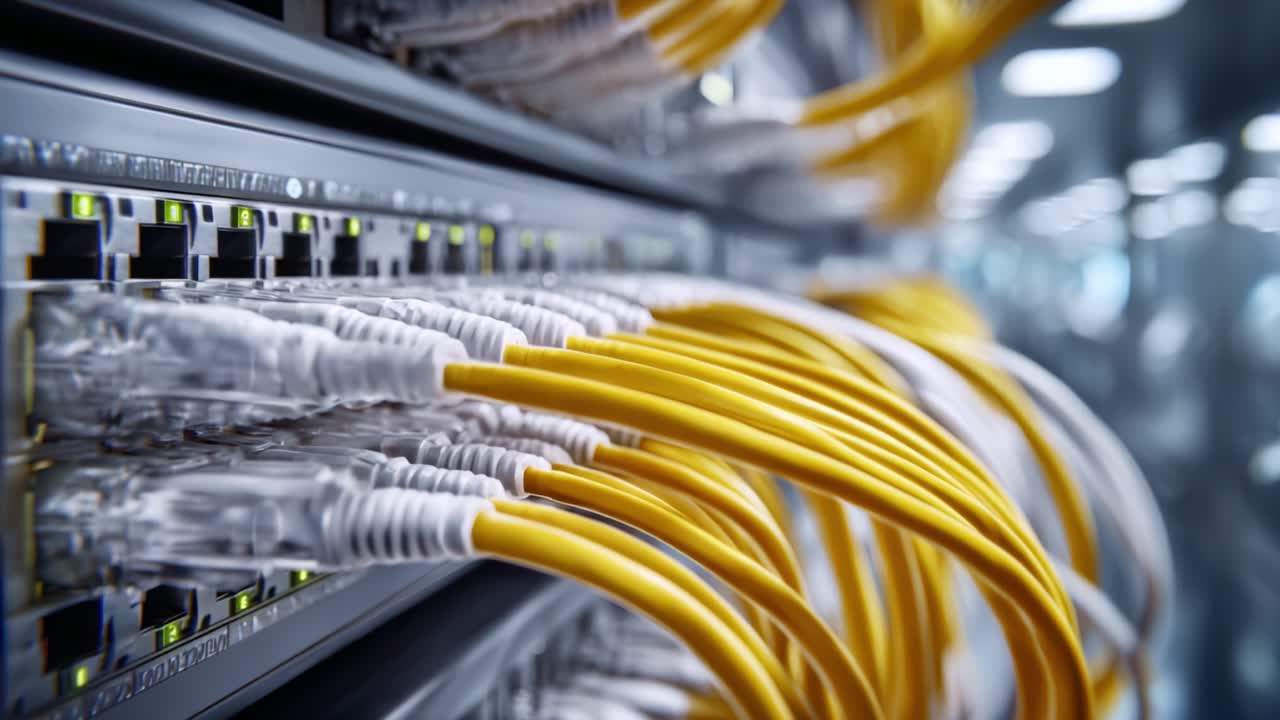 Detailed View of Network Switch with Connected Ethernet Cables Highlighting Connectivity in a High-Tech Data Center Environment for Efficient Data Transmission