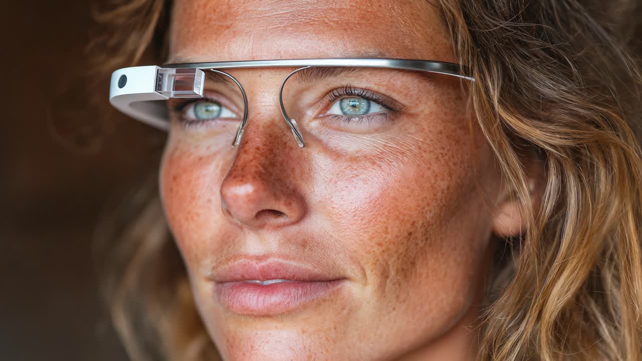 A close-up view of a woman showcasing innovative smart glasses, highlighting modern technology integration for enhanced vision and interactive experiences