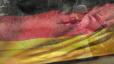 animation of flag of germany over caucasian male soldier with rifle