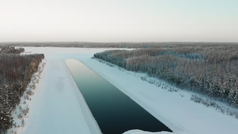 Aéreo,-Disparo-De-Dron,-Sobre-Un-Lugar-Sin-Hielo,-En-Un-Río,-En-Un-Día-Soleado-De-Invierno,-En-Utra,-Joensuu,-Karelia-Del-Norte,-Finlandia