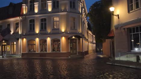 historical tallinn old town street during night time while cobblestones are wet and reflective. also known as hansa city, the capital of estonia. an old medieval building that has lights on the wall.