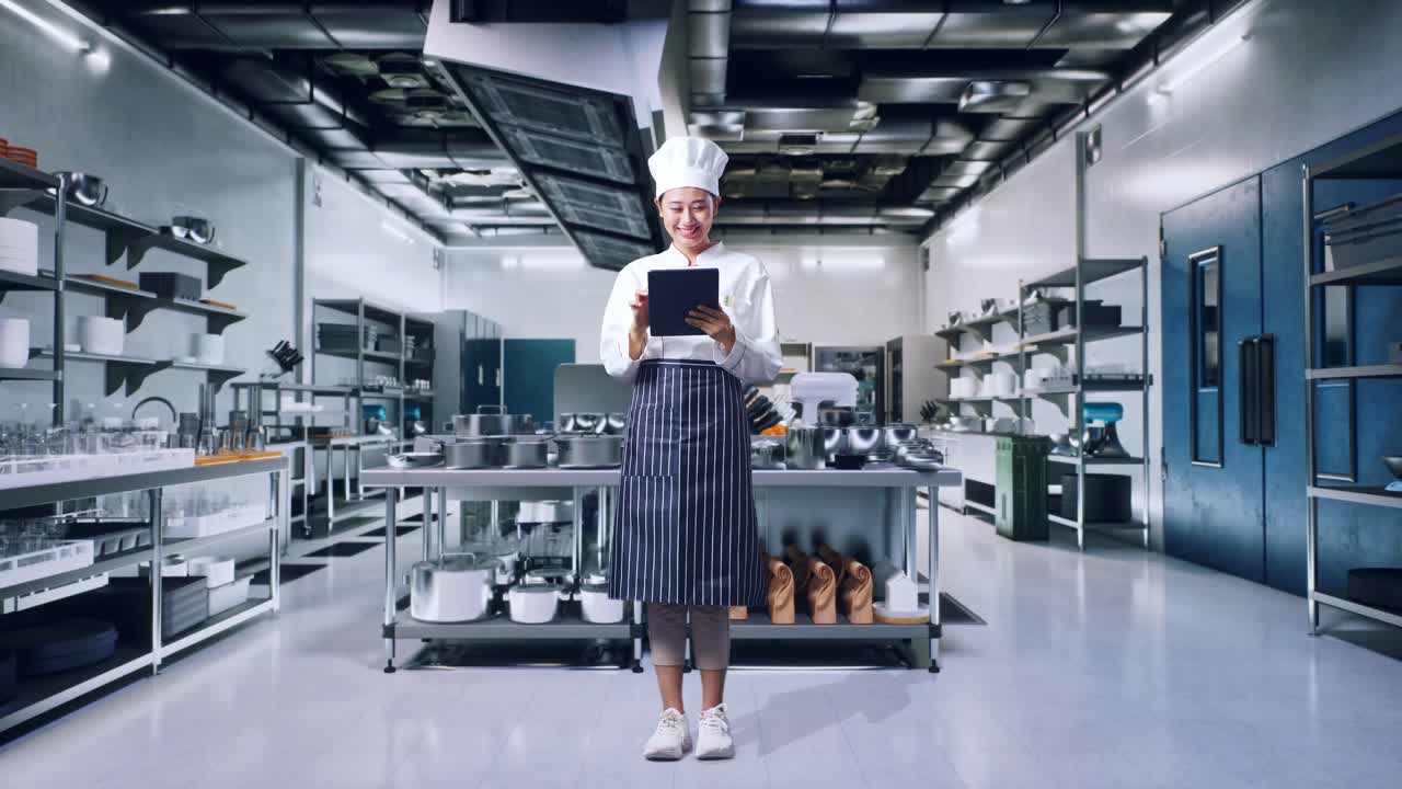 cocinera usando una tableta en una cocina moderna