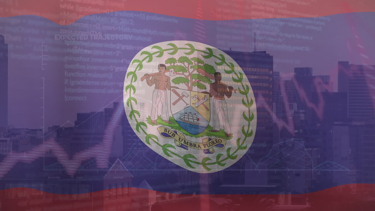 Animation of flag of belize with data processing over cityscape