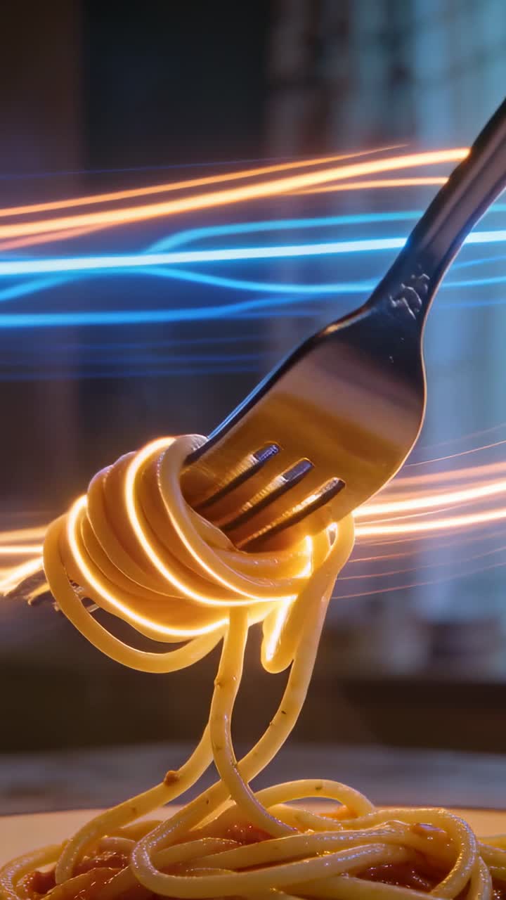 Video verticale: Forchetta che gira e solleva la pasta sopra il piatto con la salsa al tavolo da destra, con scie luminose.