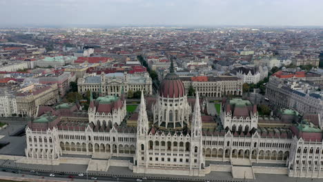 Parliament-building-in-Budapest-drone-view,-cloudy-day