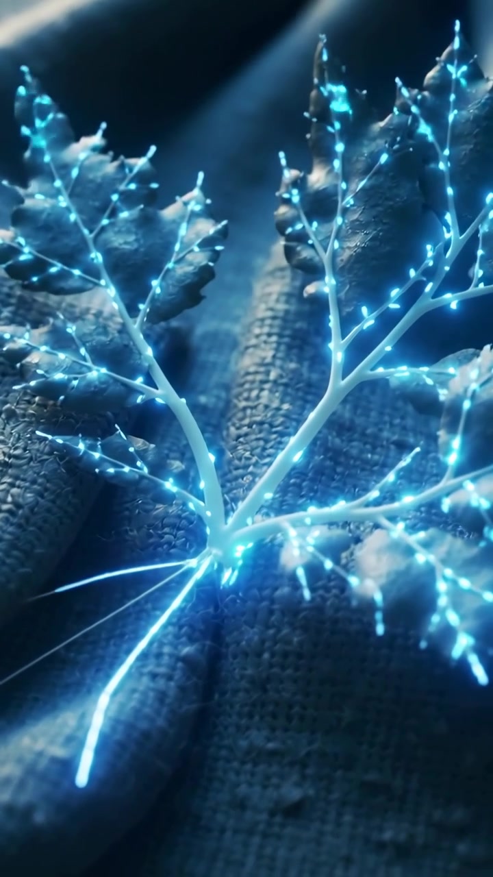 Glowing blue branching form emerging from central node, revealing filament network across cloth