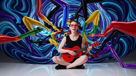 woman playing ukulele in a surreal abstract scene