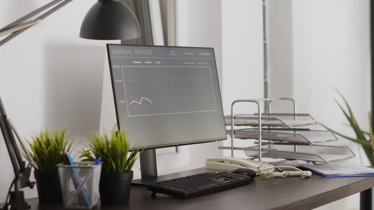 Office Desk with Annual Report on Computer