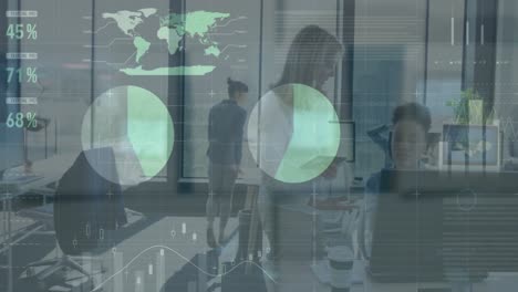 Caucasian-and-mixed-race-businesswomen-working-in-a-modern-office,-discussing,-holding-digital-table