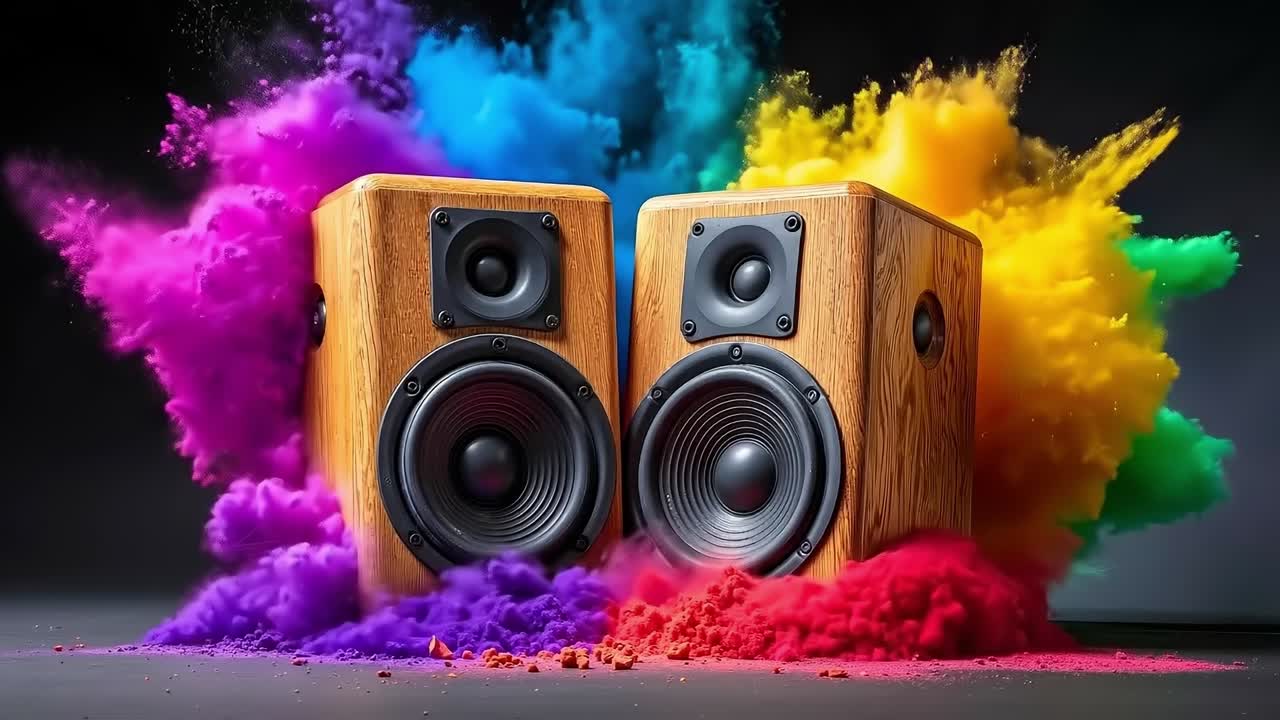A pair of speakers sitting on top of a table covered in colored powder
