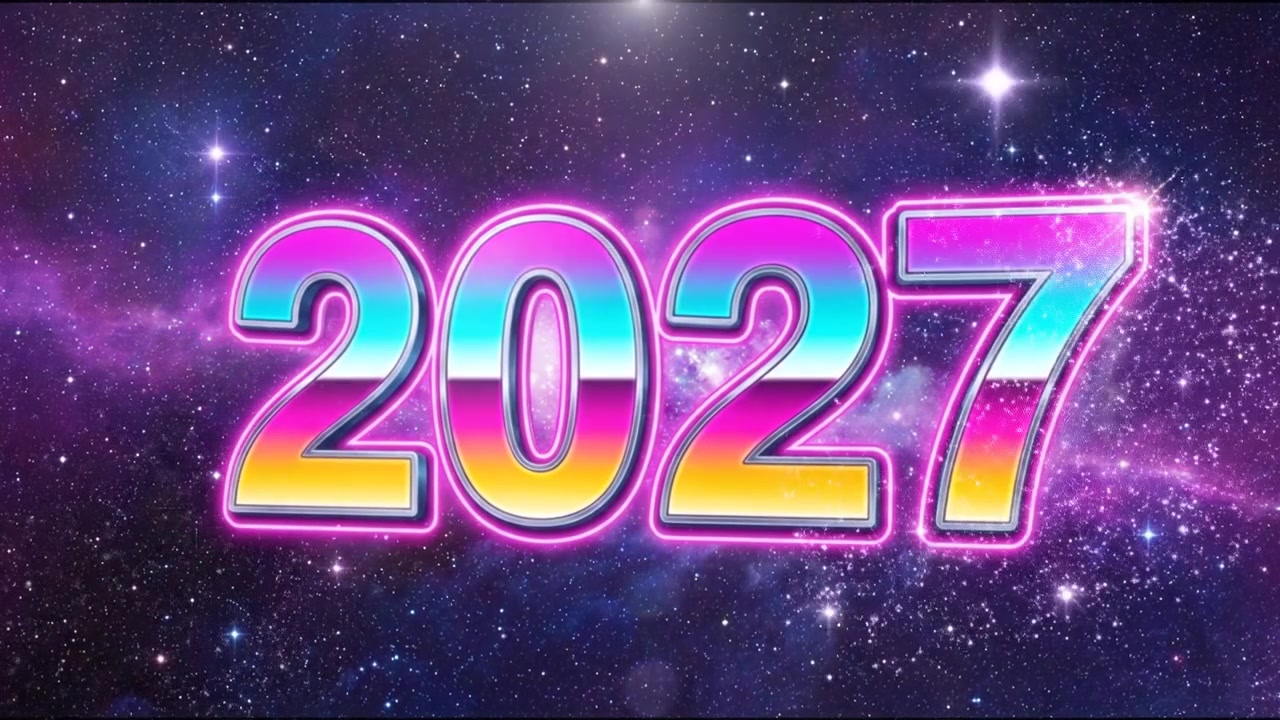 Animazione del testo 2027 in stile retrò su uno sfondo di nebulosa cosmica