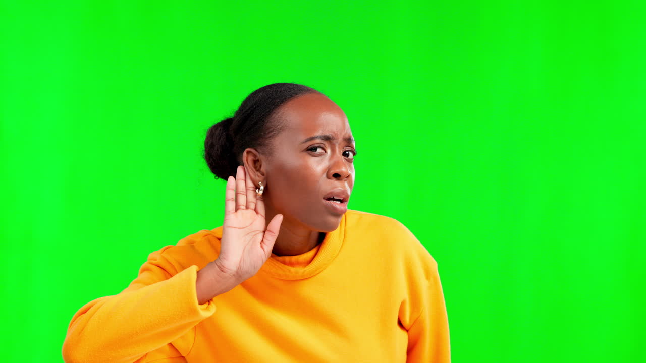 Hear, listening and a black woman on a green