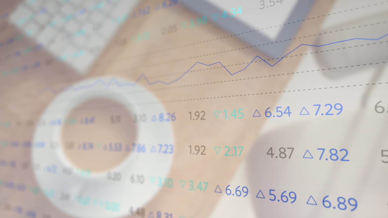 Animation of financial data processing over cup of coffee on desk