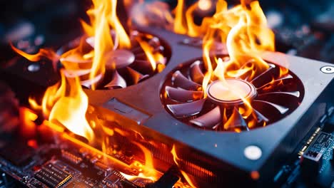 a computer motherboard with a fan on fire