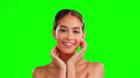 Green-screen,-makeup-and-hand-on-face-of-woman