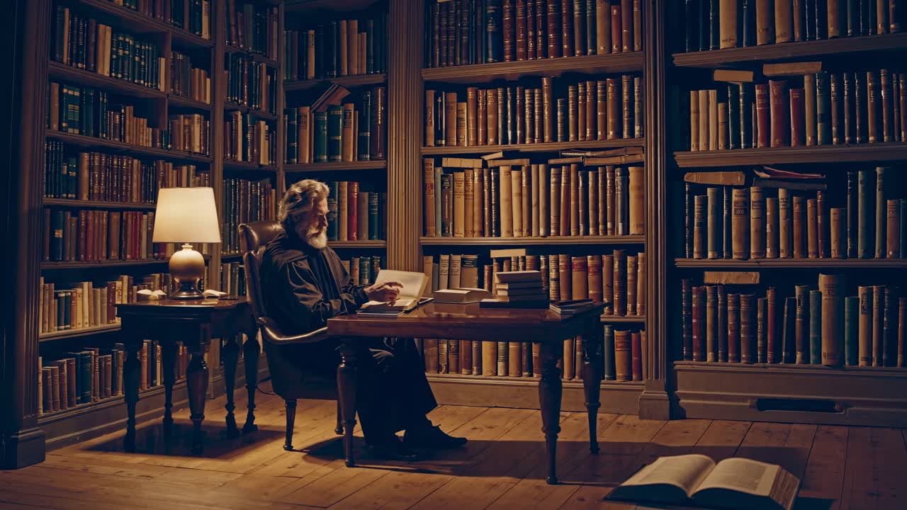 Cozy library scene with warm lighting, captured from a side angle. A person reads at a wooden desk