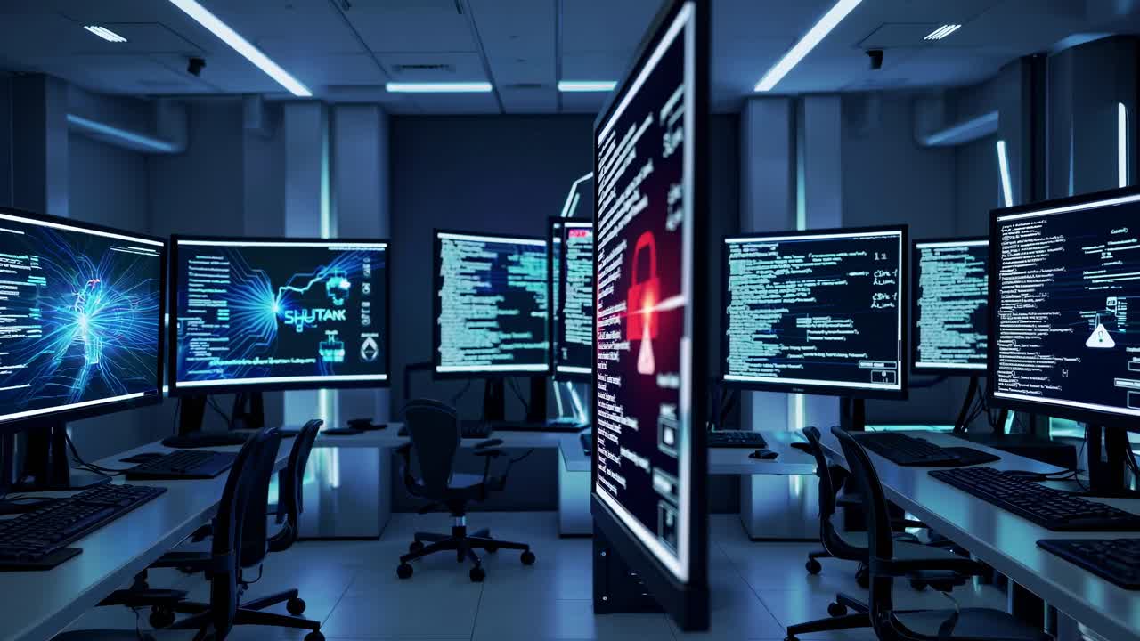 Futuristic control room with multiple screens displaying data