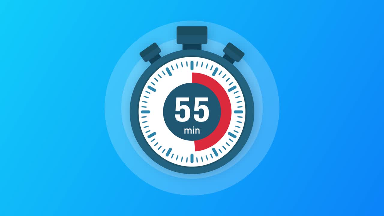 The 55 minutes, stopwatch icon. Stopwatch icon in flat style, timer on on color background. Motion graphics.