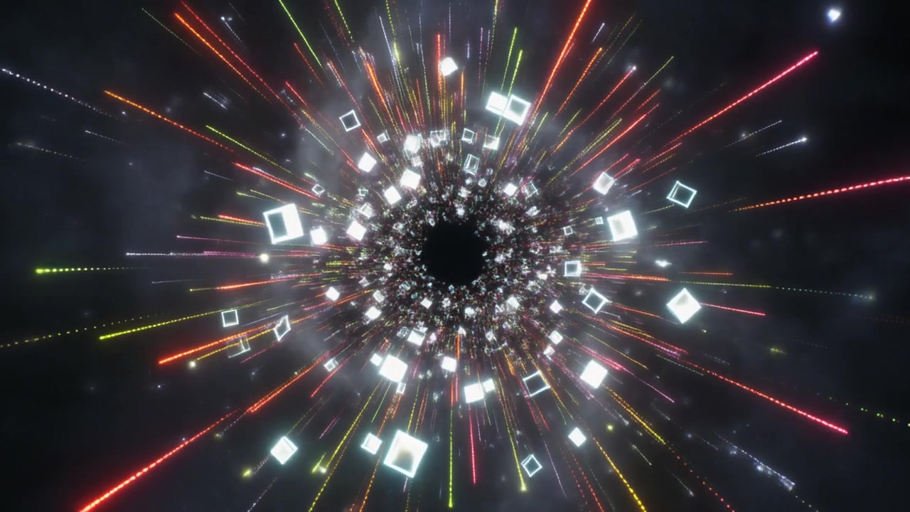 Tunnel astratto di quadrati luminosi e scie di luce nello spazio