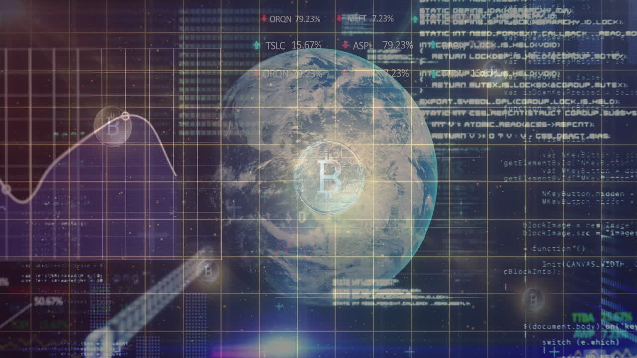 procesamiento de datos financieros sobre el símbolo de bitcoin contra el globo giratorio