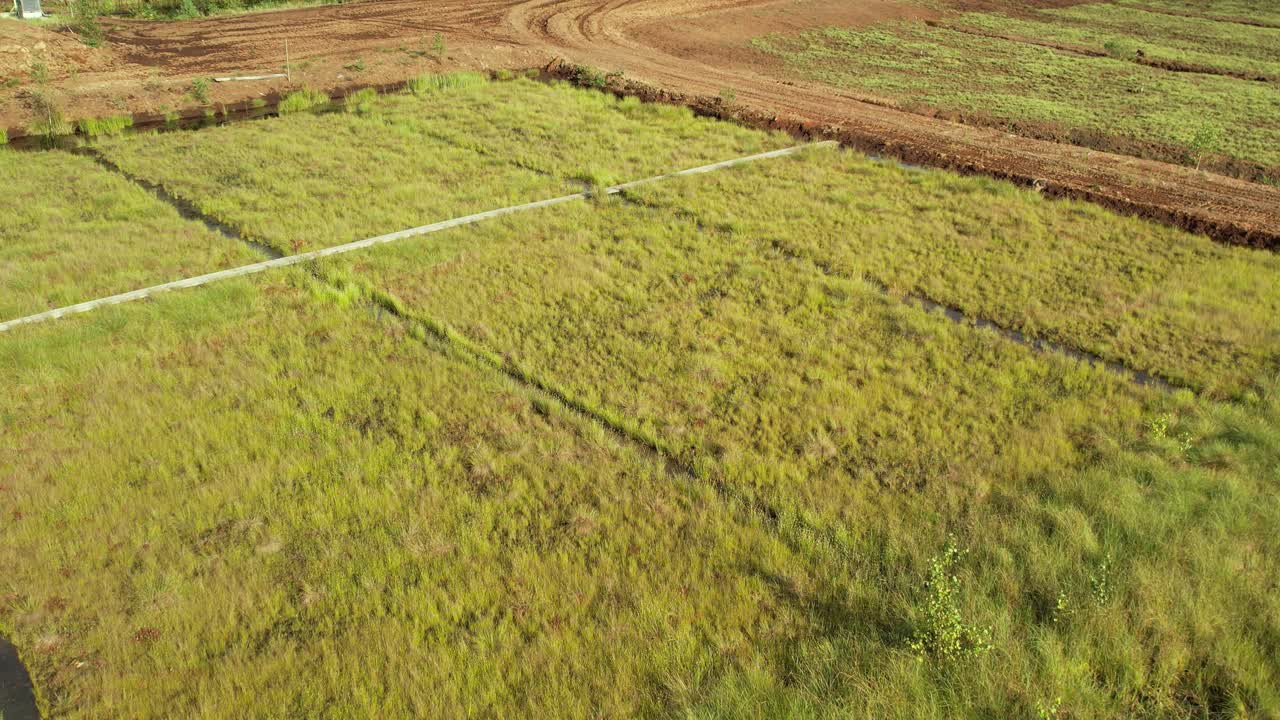 Aerial view of a large peat bog harvesting site with long parallel rows of extracted peat, wooden pallets, and covered stacks stretching across the landscape
