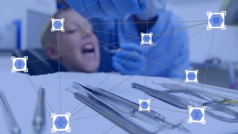 medical network and data processing animation over dental tools and patient in clinic