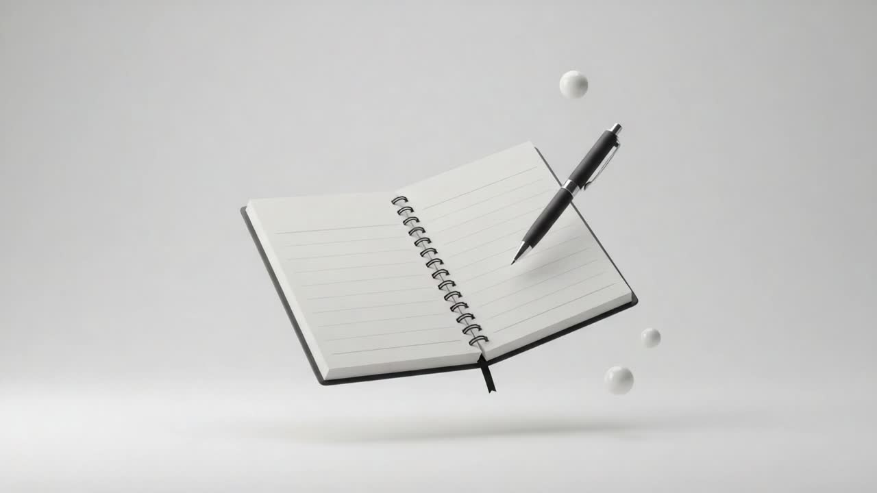 A Minimalistic Floating Notebook with a Pen, Capturing the Essence of Creativity and Inspiration Through Dynamic Motion and Simplistic Design