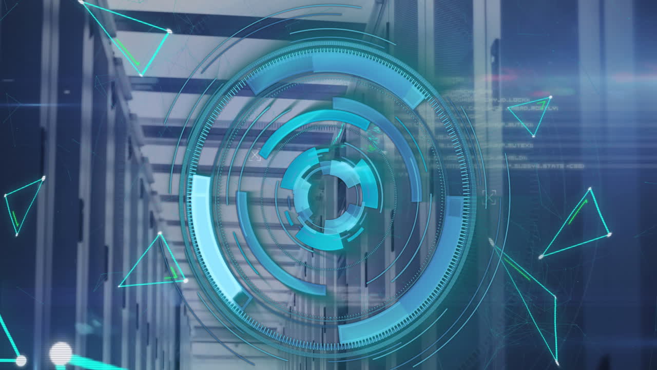 animación de círculos de carga sobre puntos conectados que forman formas contra la sala de servidores