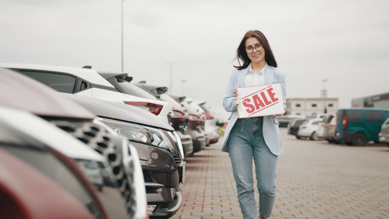 자동차 매장에서 판매 표지판을 들고 있는 여자