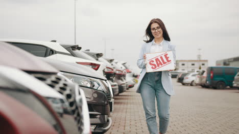 mujer sosteniendo un letrero de venta en un estacionamiento de coches