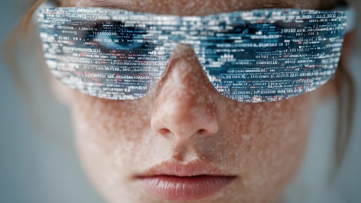 Visione futuristica: primo piano di una giovane donna che indossa occhiali avanzati per la realtà aumentata che mostrano flussi di dati digitali e codice binario sul suo viso