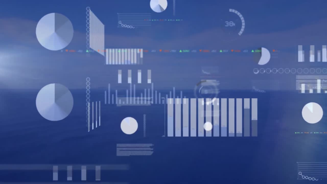 Animation of statistical data processing against landscape with mountains and sea