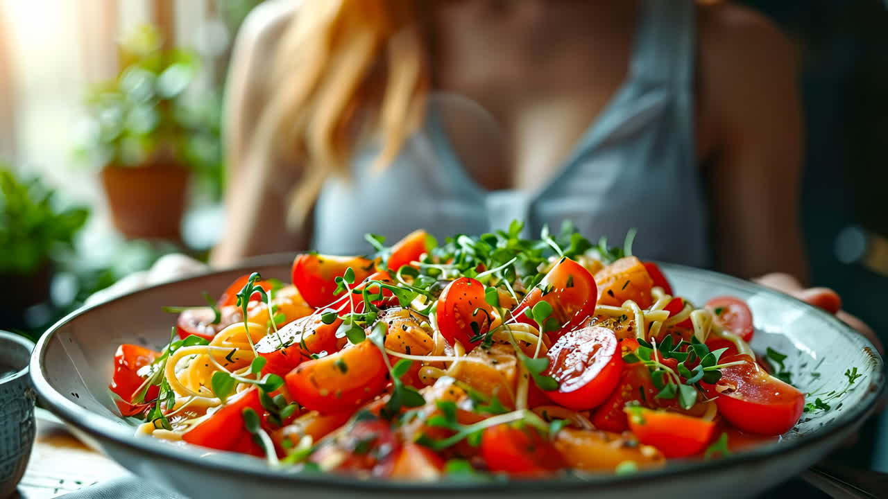 Delicious pasta dish with fresh tomatoes. A person holds a bowl of pasta topped with vibrant tomatoes and herbs in a cozy kitchen setting during sunset