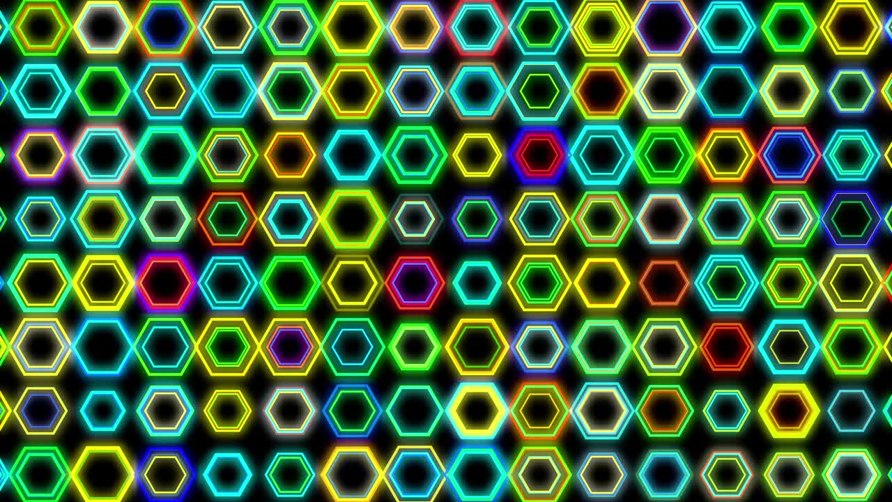 bucle de luz de neón hexágono parpadeando movimiento parpadeante con el fondo. futurista arco iris de bucle 3d colorido luz láser etapa de bucle sin costuras de fondo
